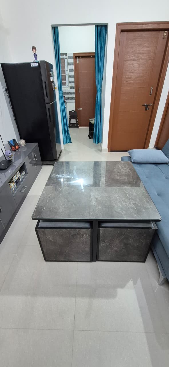Brand New 3x3 Center Table with 4 Storage Stools & Cushions